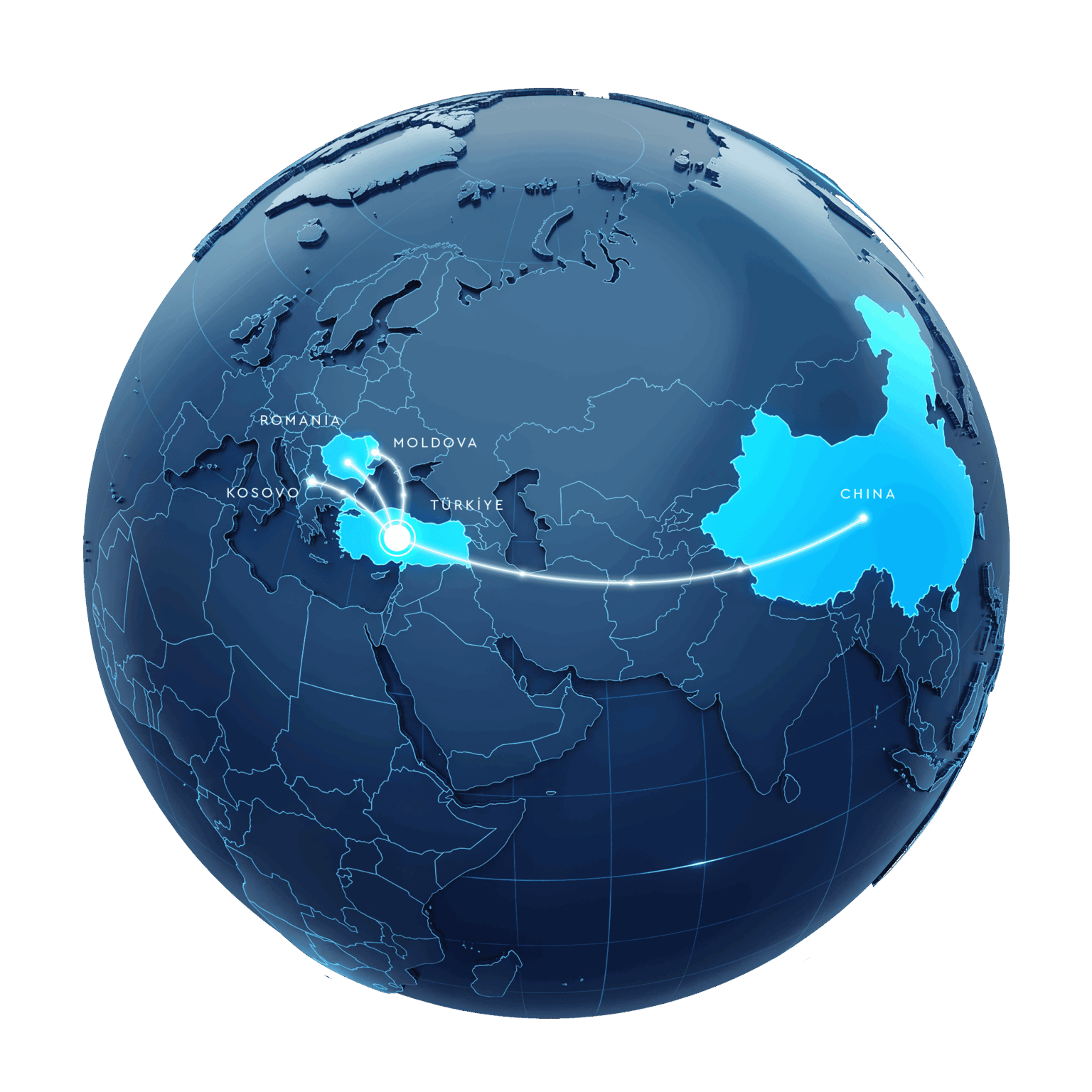 Globe with Türkiye, Romania, Moldova, Kosovo and China highlighted and lines from Türkiye to each country
