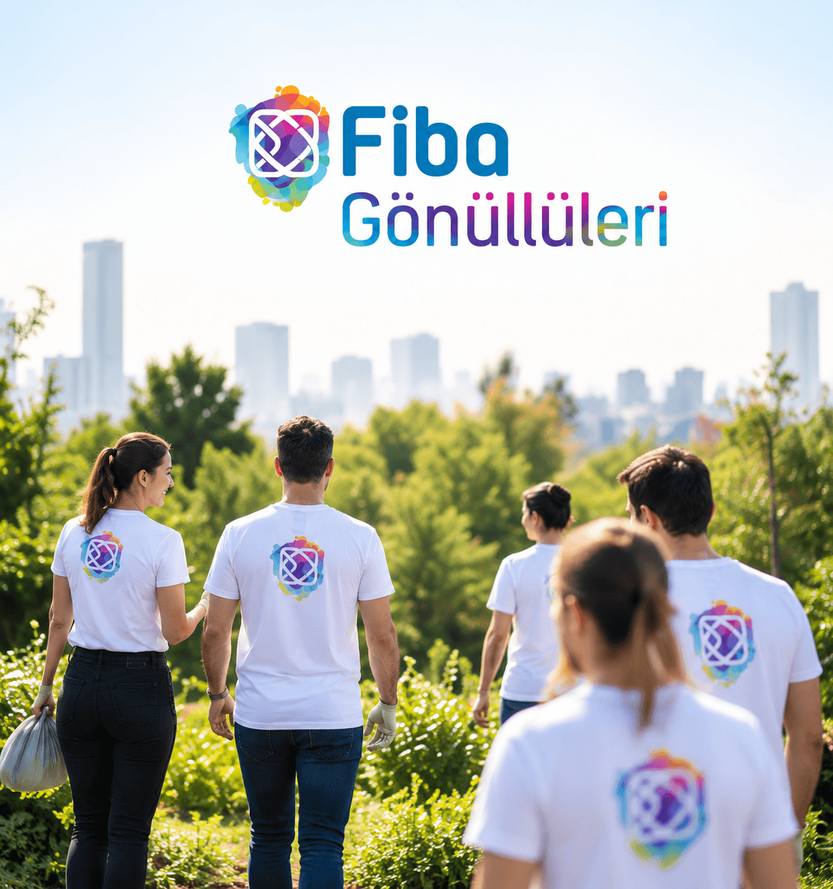 Fiba Volunteers walking through a park in Fiba Volunteers T-shirts, under the Fiba Gönüllüleri logo